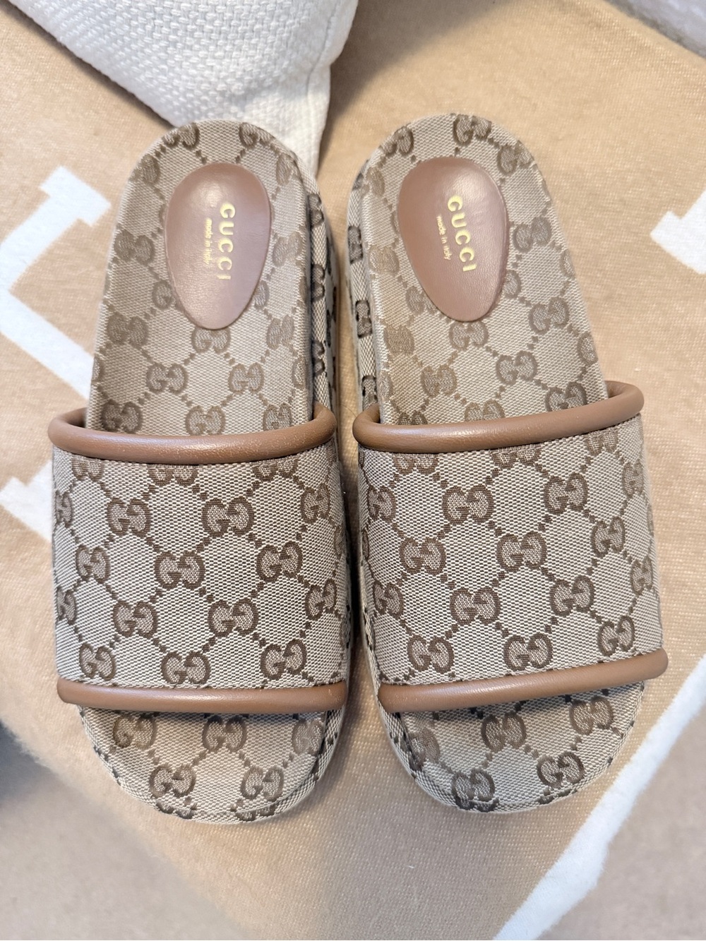 Gucci Beige GG Canvas Platform Slide Sandals with Brown Trim